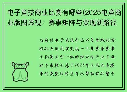电子竞技商业比赛有哪些(2025电竞商业版图透视：赛事矩阵与变现新路径)